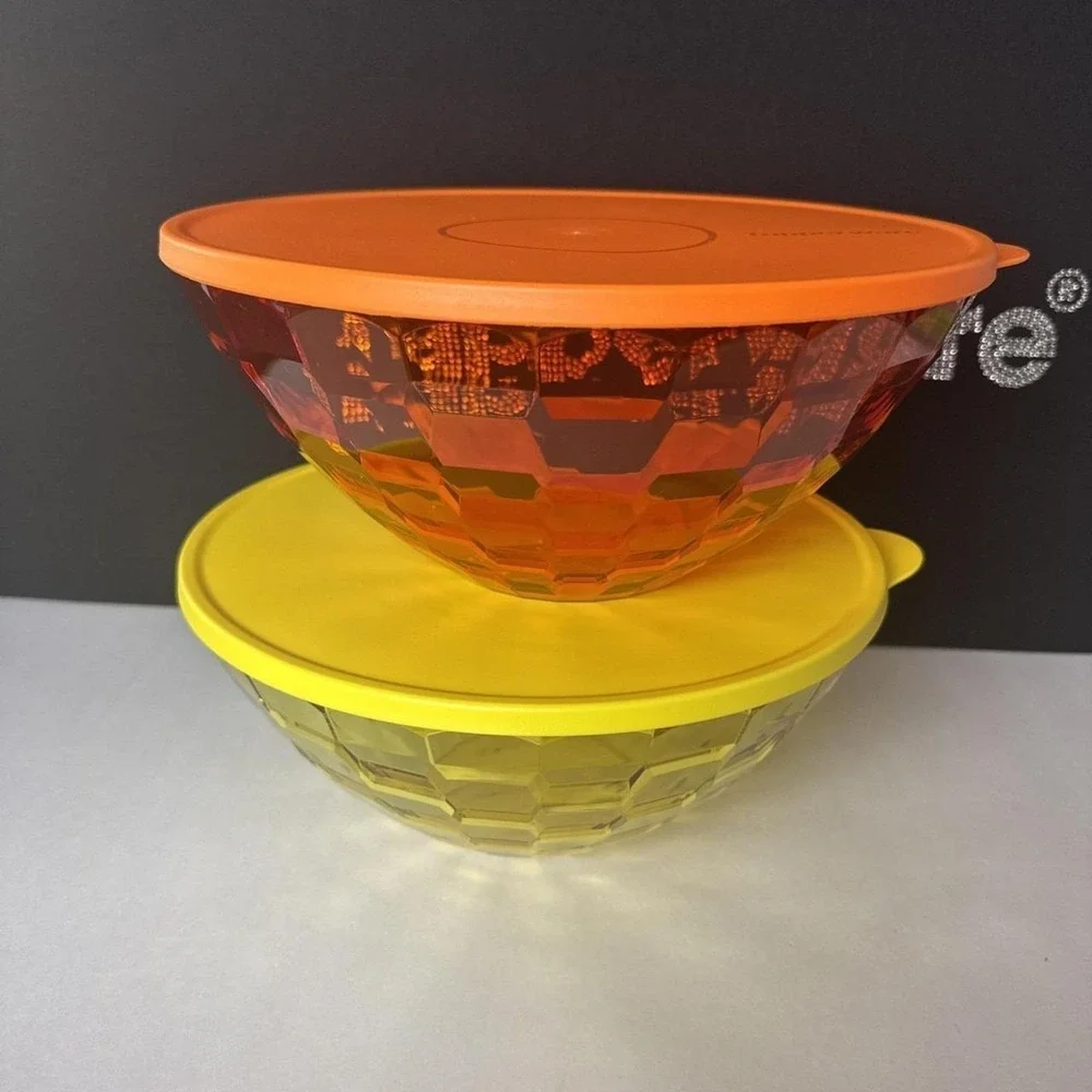 Tupperware Acrylic Ice Prism Salad Bowls 3.5L Orange And Yellow Set Of 2 New